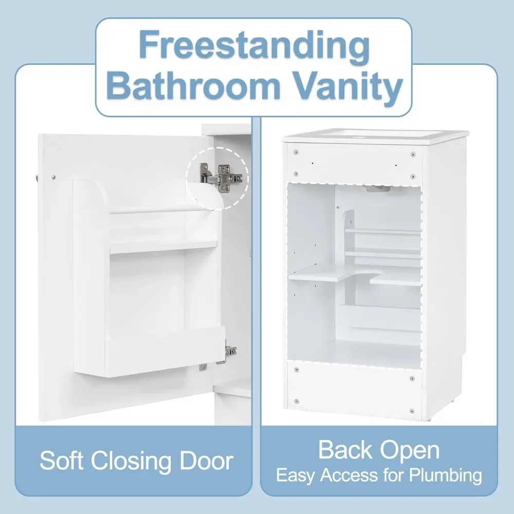 Lemari Kamar Mandi 18 inci dengan Wastafel & Organizer Pintu, Lemari Penyimpanan Kamar Mandi Kayu dengan Rak yang Dapat Disesuaikan, Wastafel Pedestal dengan Penyimpanan