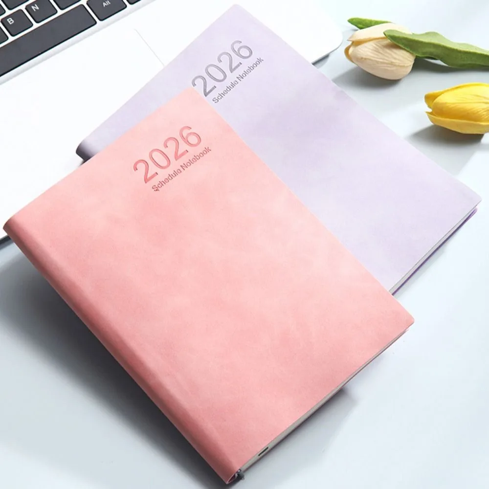 A5 2026 365-Day Schedule Notebook with Ribbon Bookmark PU Leather Cover Schedule Planner Notepad Thick Paper