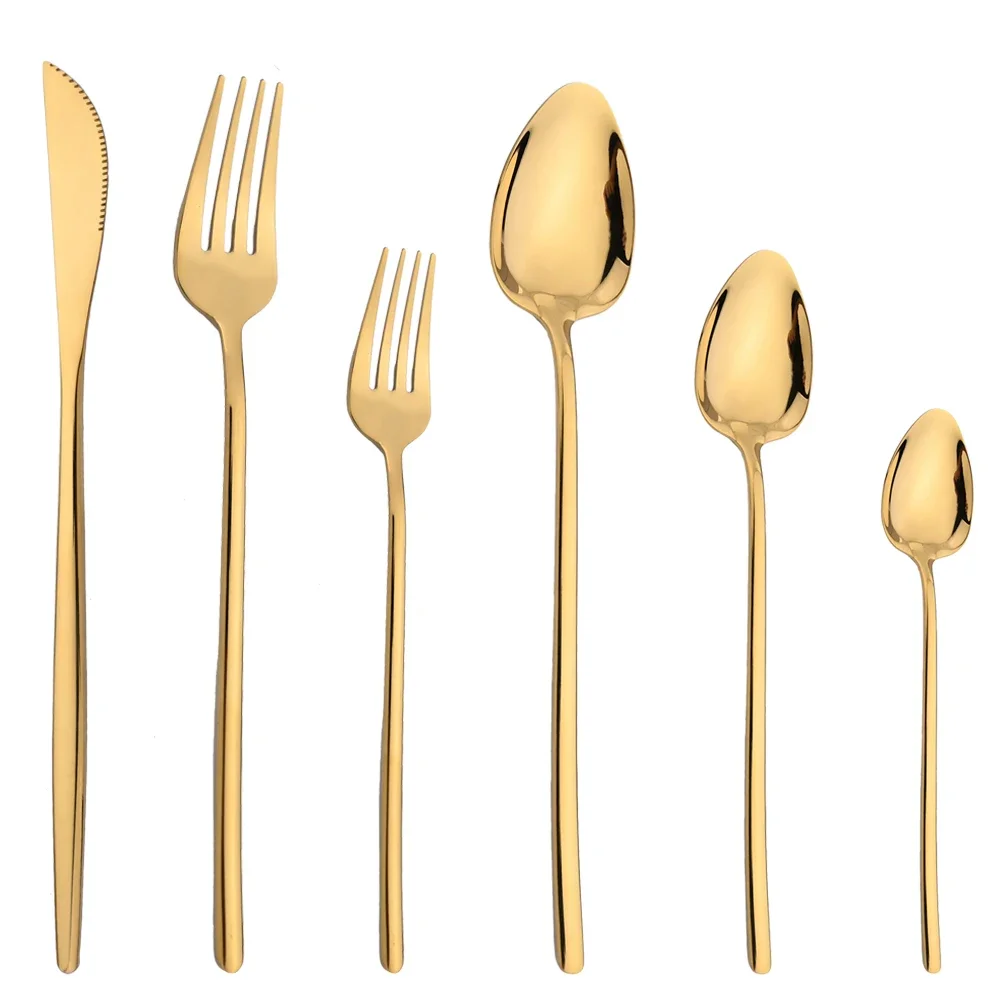 10Pcs Gold Tableware Stainless Steel Silverware Knife Fork Spoon Teaspoon Cutlery Mirror Dessert Dinner Set Complete Flatware