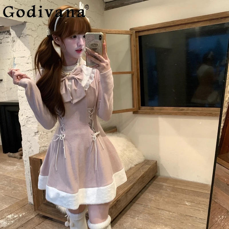 

Autumn and Winter Thickened Dress for Ladies Striped Bow Pink Knee Length Dress Women's Japanese Style Sweet Princess Dress