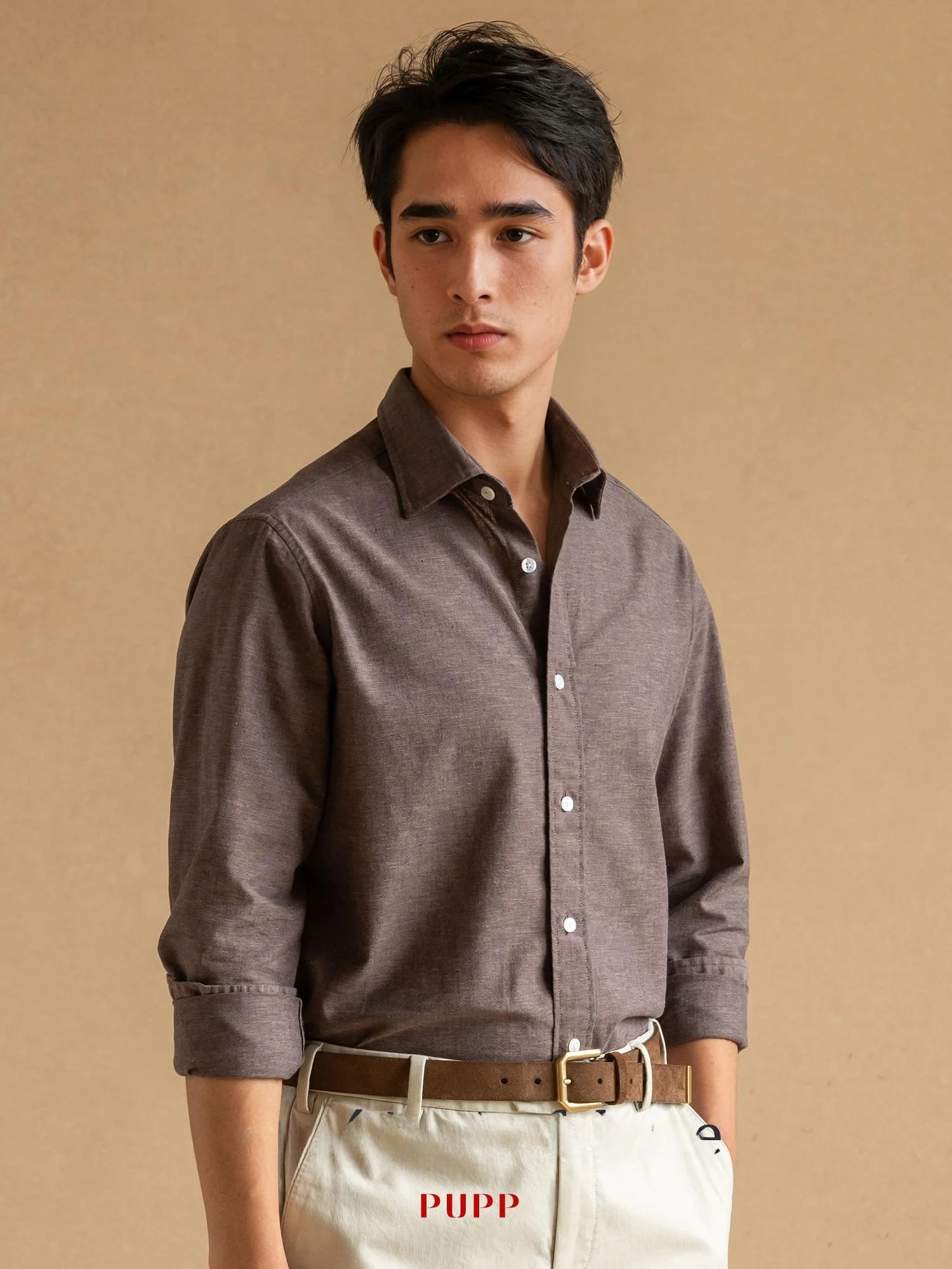

Pure Cotton Long Sve irt Men's Casual Busin Stand Collar 60S Brown Linen Feel irt for Spring Summer Autumn Seasons