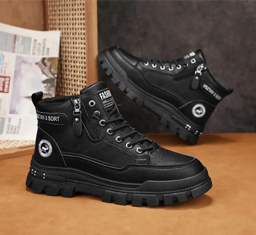 

2025 Spring Autumn New Men's Mid-High Top Outdoor Work Boots Zip-Up Hiking Casual Sports Mountaineering Style