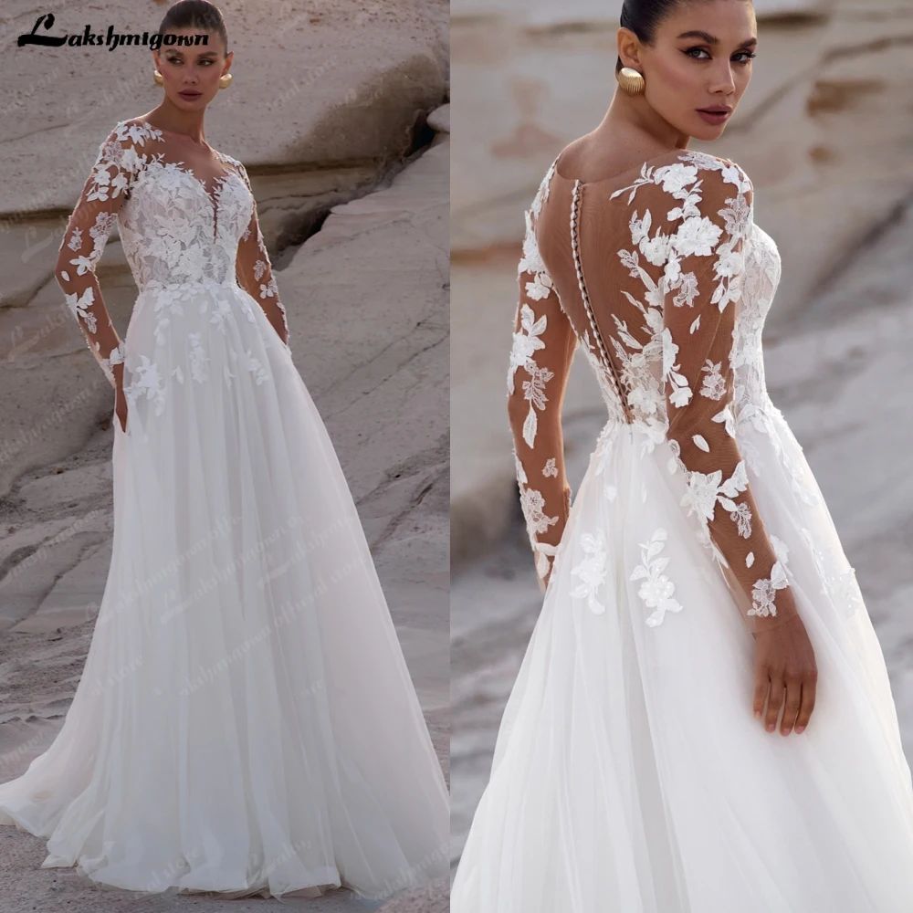 

Lakshmigown Floral Lace Boho Wedding Dresses Long Sleeve Chic Bridal A Line Beach Wedding Gowns vestido elegante feminino luxo