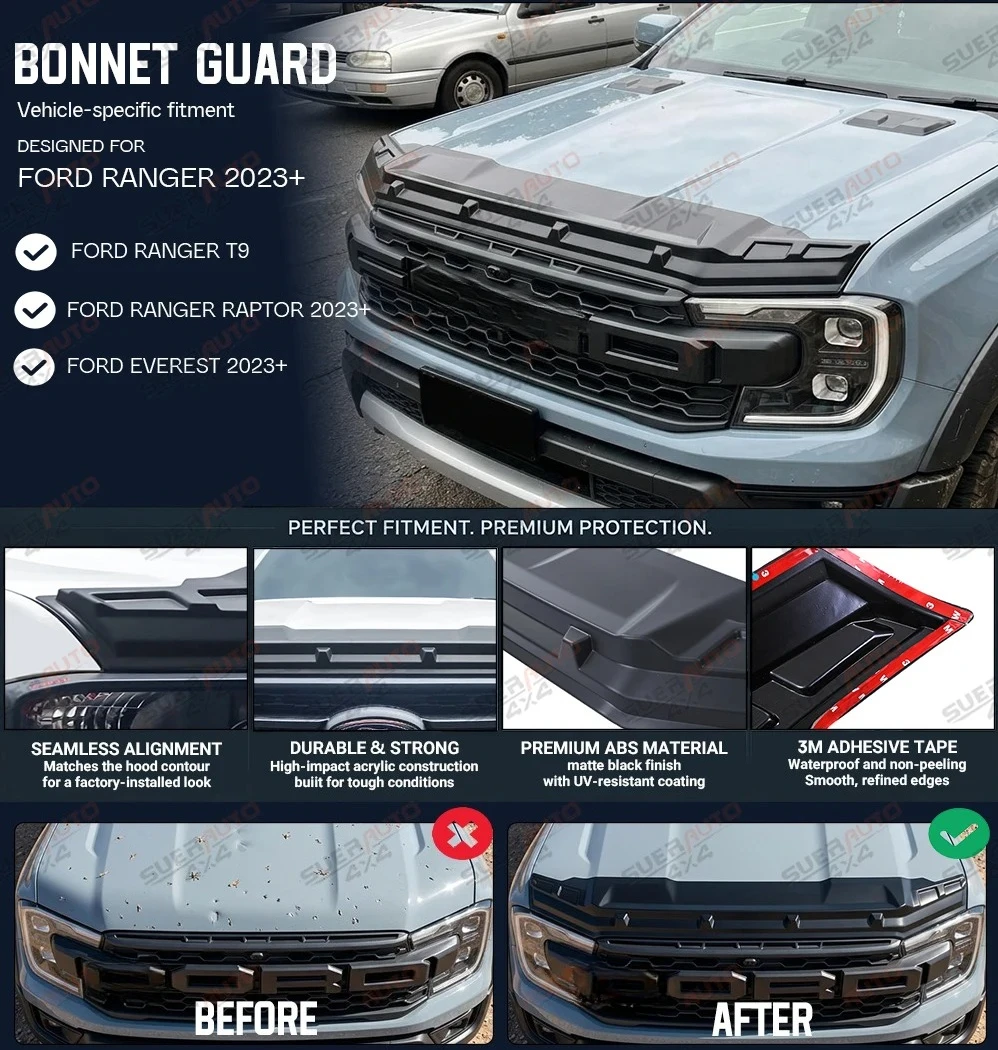 Bonnet Guard For Ford Ranger T9 WILDTRAK RAPTOR 2023 2024 2025 2026 Bonnet Protector ABS Matte Black Off Road Car Accessories