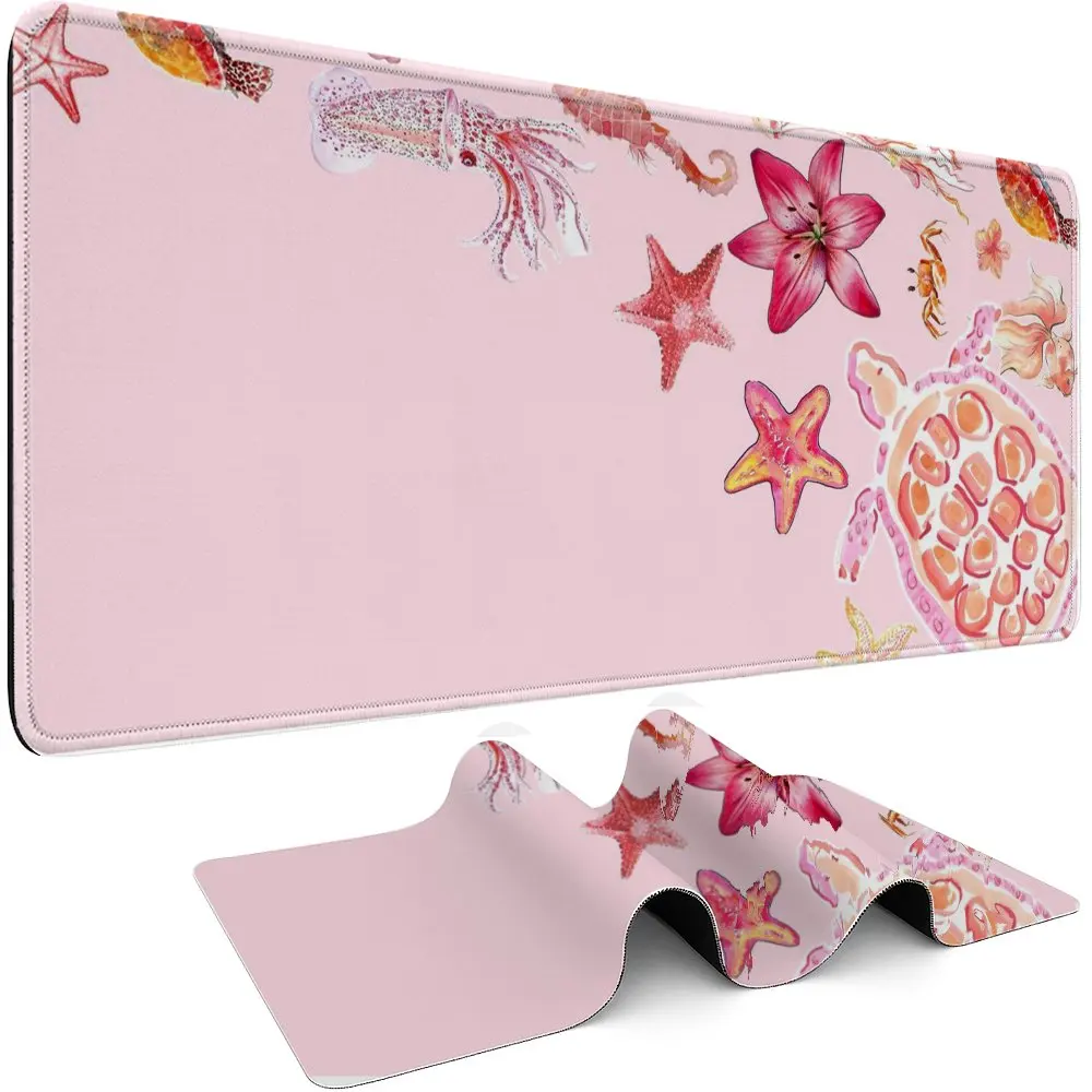 Ocean Life Desk Mat Extra Large Gaming Mouse Pad Pink Turtle Starfish Squid for Office