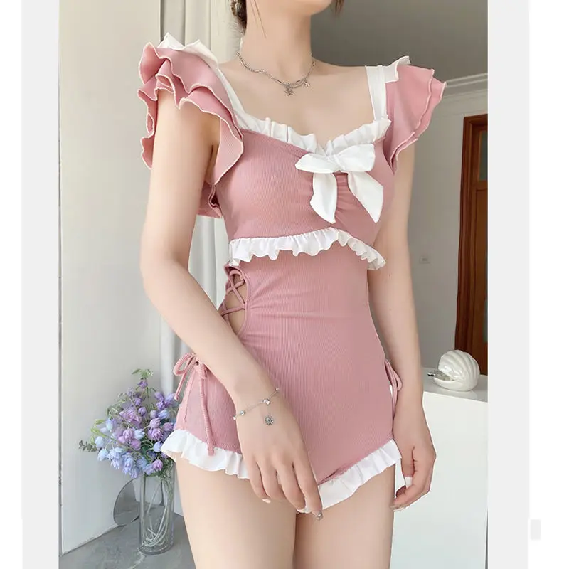 Korean Girl Summer Sweet Bow Ruffles Patchwork High Waist Swimsuit Women Sexy Push Up Slim Beach Wear Bathing One Piece Swimwear image 6