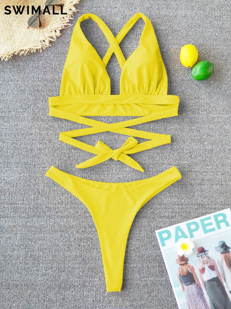 Sexy Bikini 2024 Solid Swimsuit Female Swimwear Women Push Up Bikini Set Cross Bandage Bathing Suit Beach Wear Swimming Suit