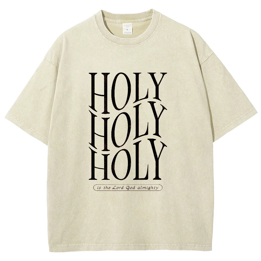 Holy Monogram Print Women's Washed Denim T-Shirt Oversized Loose Mid Sleeve Casual Minimalist Top Pure Cotton Comfortable Tee