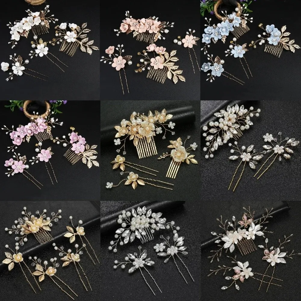 4pcs Tiaras Artificial Flower Bridal Hair Combs Pearl Comb Sweet Wedding Hair Decorative Handmade Headdress Bridesmaid