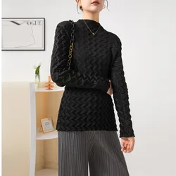 Miyake Pleated T-shirt Top for Women 2022 Autumn and Winter New Fashion Loose Elastic Long Sleeve Half Turtleneck Versatile Top