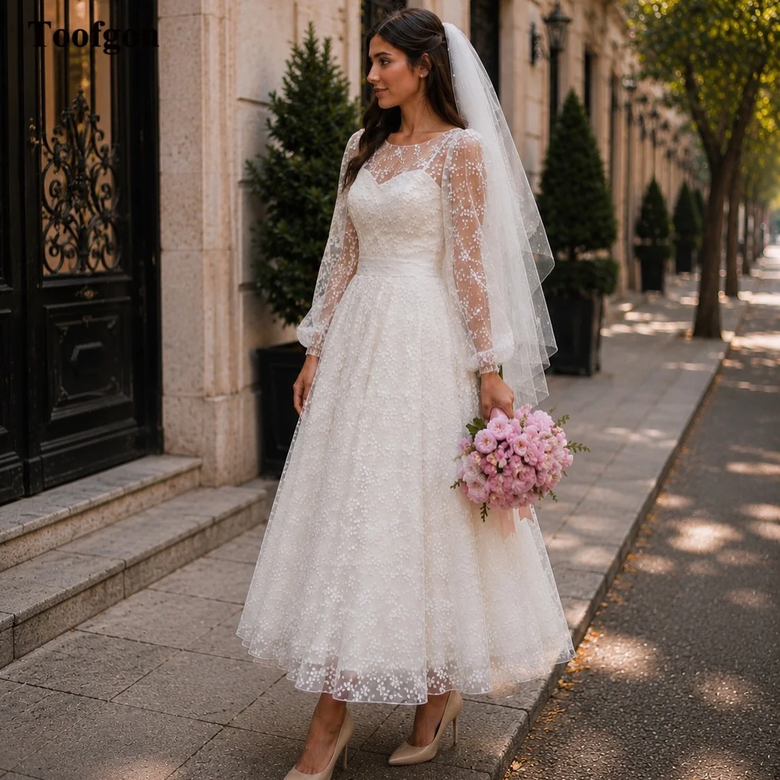 Toofgon A Line Lace Midi Customized Wedding Gowns Full Sleeve Bride Dress Bridal Photography Dresses Formal Occasion Party Wear