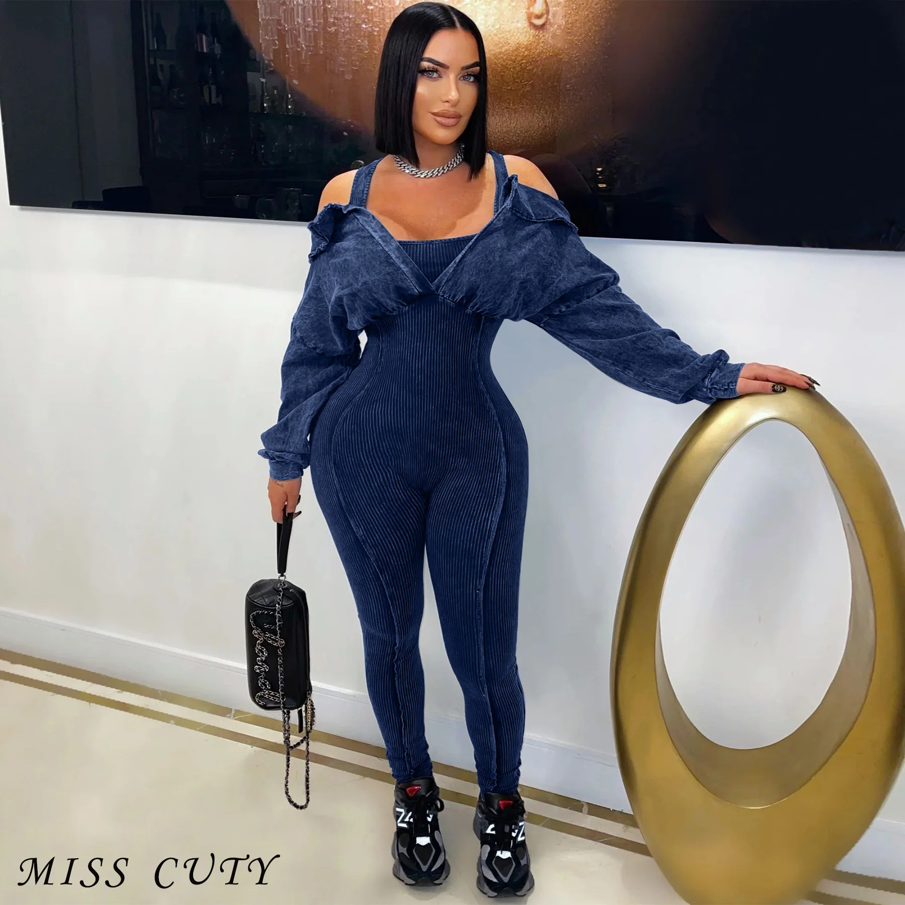 Sexy Ribbed Distressed Jumpsuits One Piece Outfits 2024 Women Fall Romper Club Elegant Bodycon Luxury Off Shoulder Jumpsuits