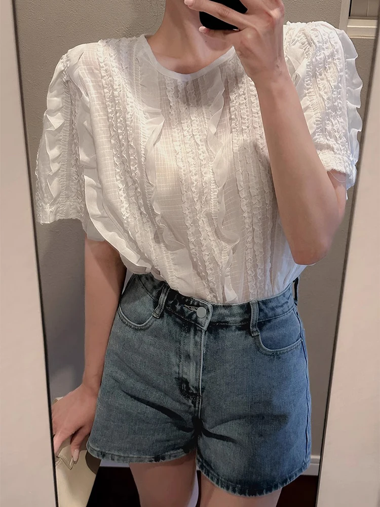 

Fashion Pleated Fungus Edge Short Sleeved Shirt for Women's Summer New Style French Elegant Causal Chic Top