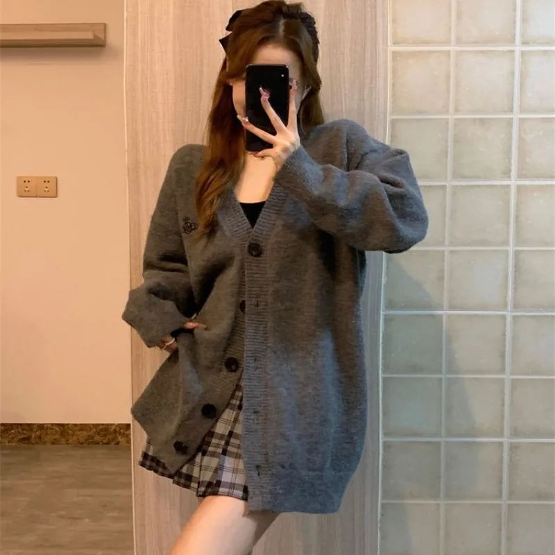 

V-neck Knitting Cardigan Coat Women Autumn Winter Simplicity Office Lady Solid Color Sweater Casual All-match Knitwear Tops