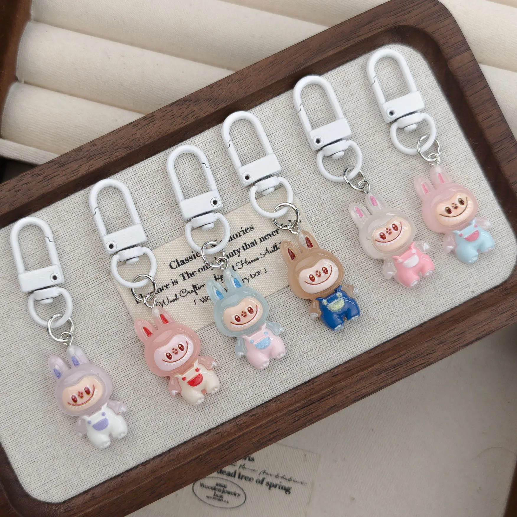 3PCS Creative Cute Jelly Overalls Labubu Keychains For Women Bag Pendant Car Key Chains Jewelry Gift Decoration Accessories