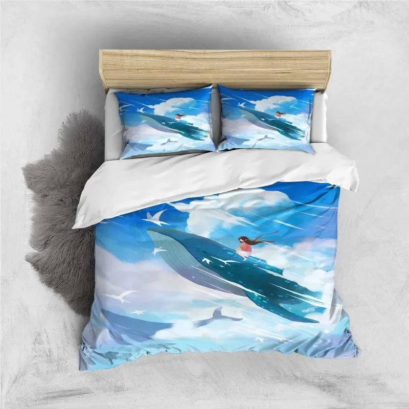 

Whales and Girls Digital Print Polyester Bedding Sets Child Covers Boys Bed Linen Set for Teens bedding set blue and pink Covers