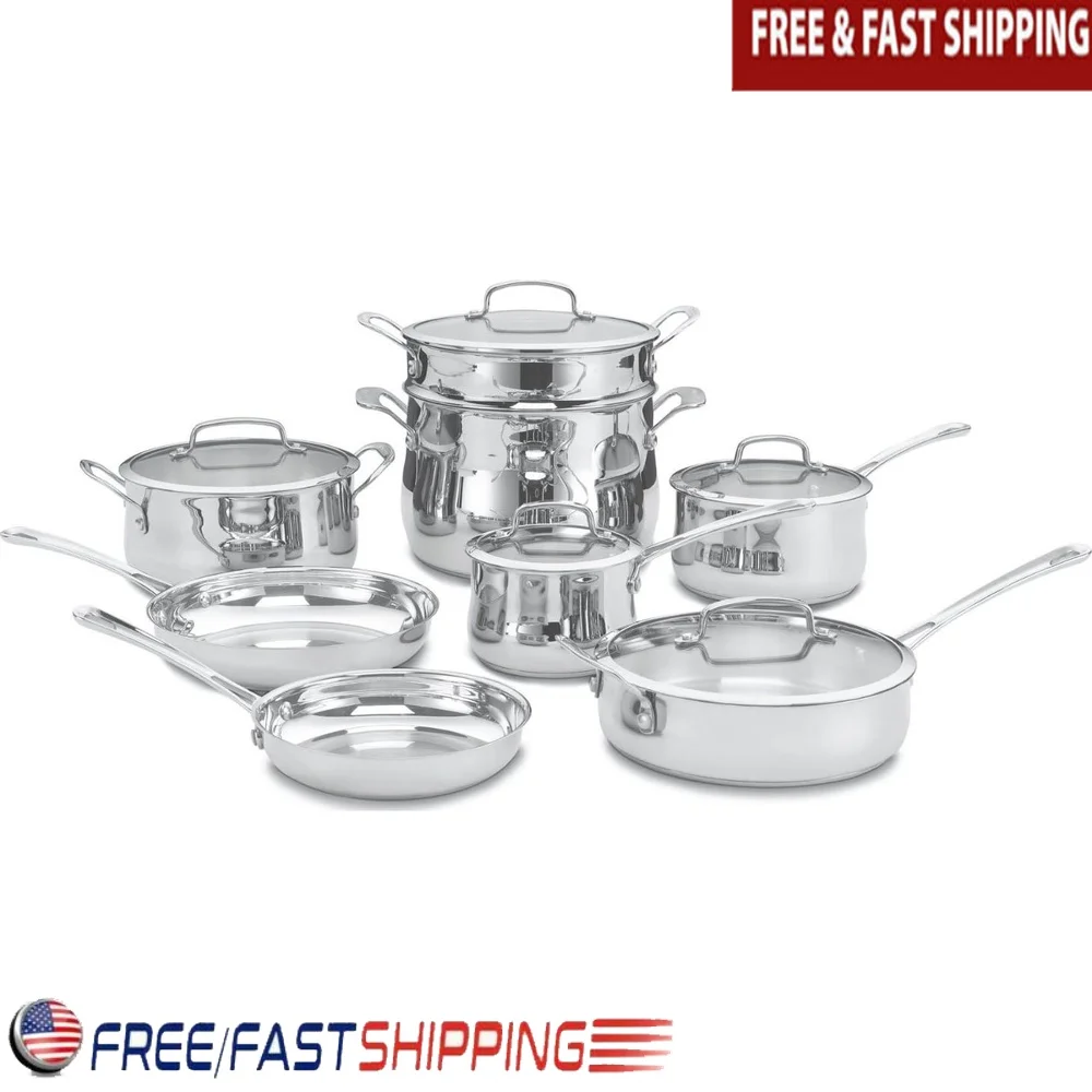 

13 Piece Contour Stainless Cookware Set Pot Pan Skillet with Tempered Glass Lid Stay Cool Handles Heat Distribution Professional