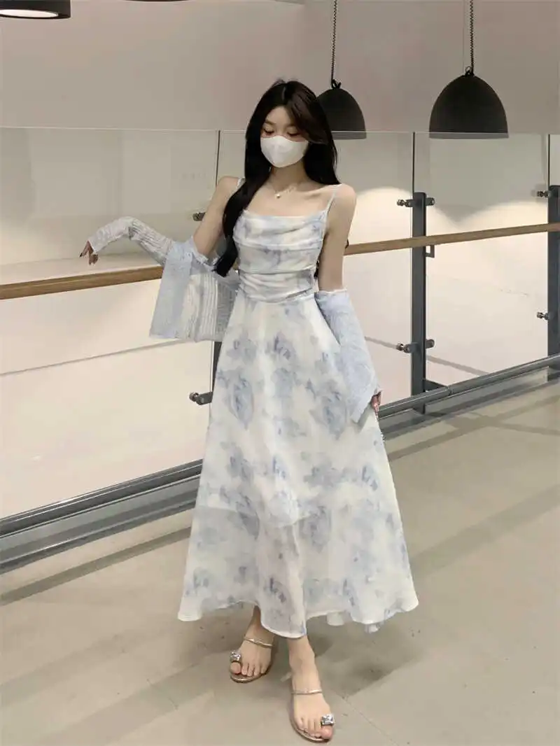 Immortal Chiffon Floral Sling Dress Women Spring 2024 New French sle Pleat Waist Hugging Slimming A Word Long dress