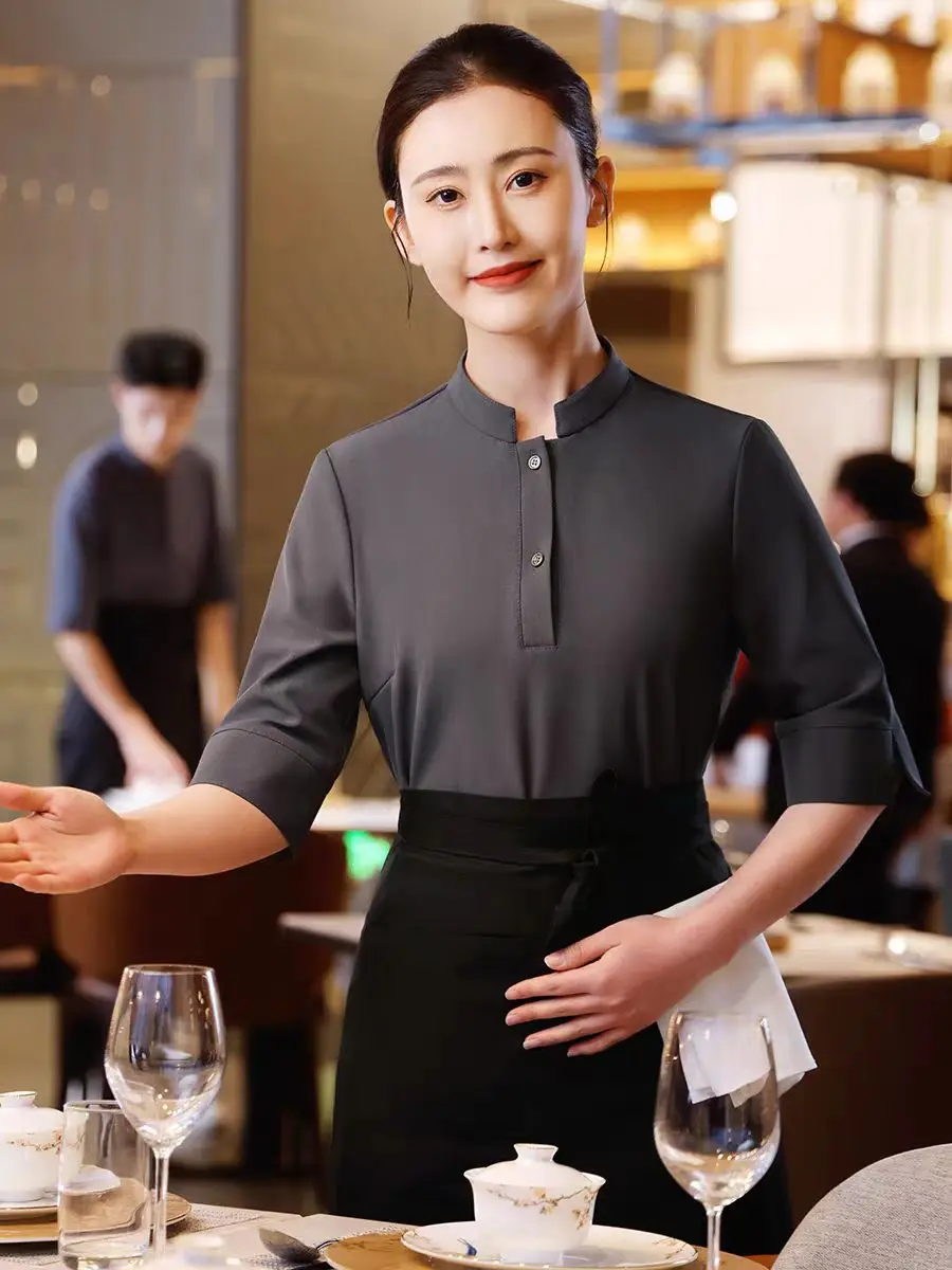 2024 Chinese Restaurant Waiter Work Clothes Hotel Barbecue Shop Staff Uniform and Apron Set Waitress Workwear Empolyee