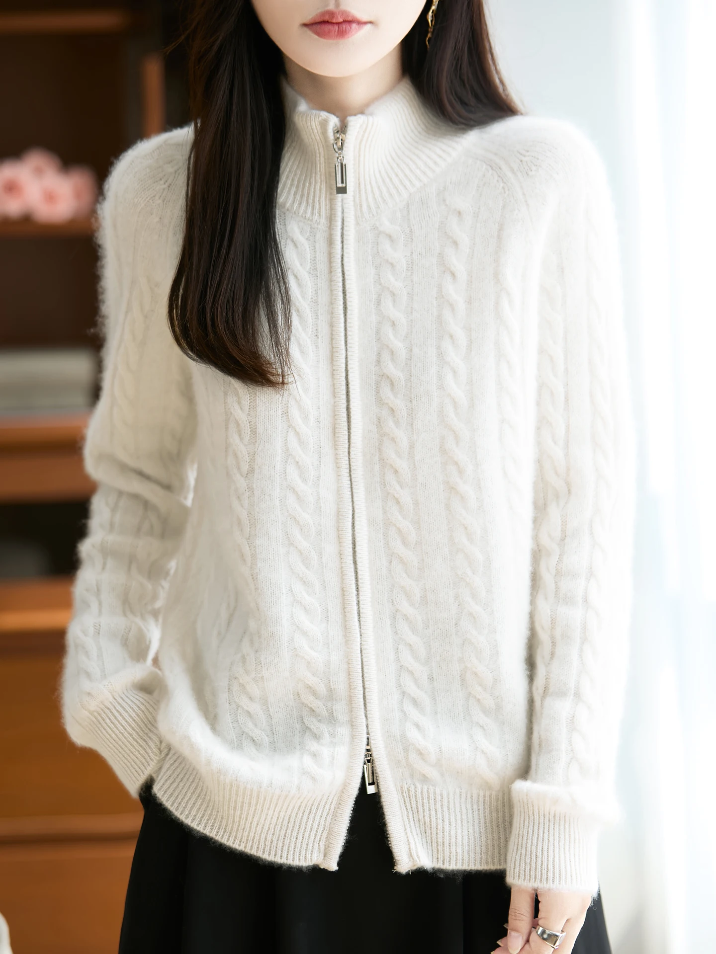 

New Autumn Winter Woman Sweater Elegant Female 100% Merino Wool Knitwear Thick Cardigan Long Sleeve Clothing Tops Lady Outerwear