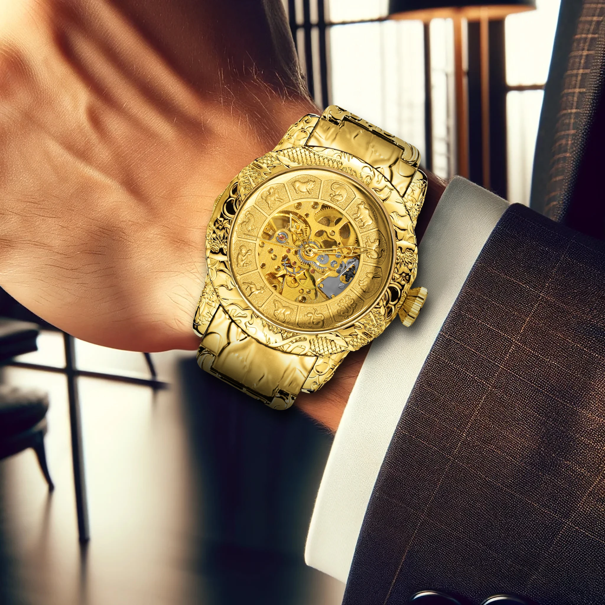New men's watch with golden steel strip, retro style, noble and exquisite carving of the twelve zodiac animals, mechanical watch