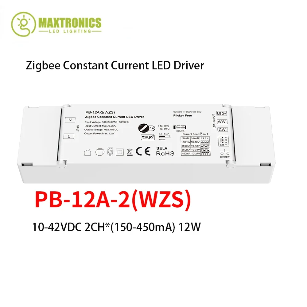 

10V-42VDC 2CH*(150-450mA) 12W Constant Current LED Driver Controller Zigbee 3.0 Tuya APP Cloud Adjust CCT Downlight Spotlight