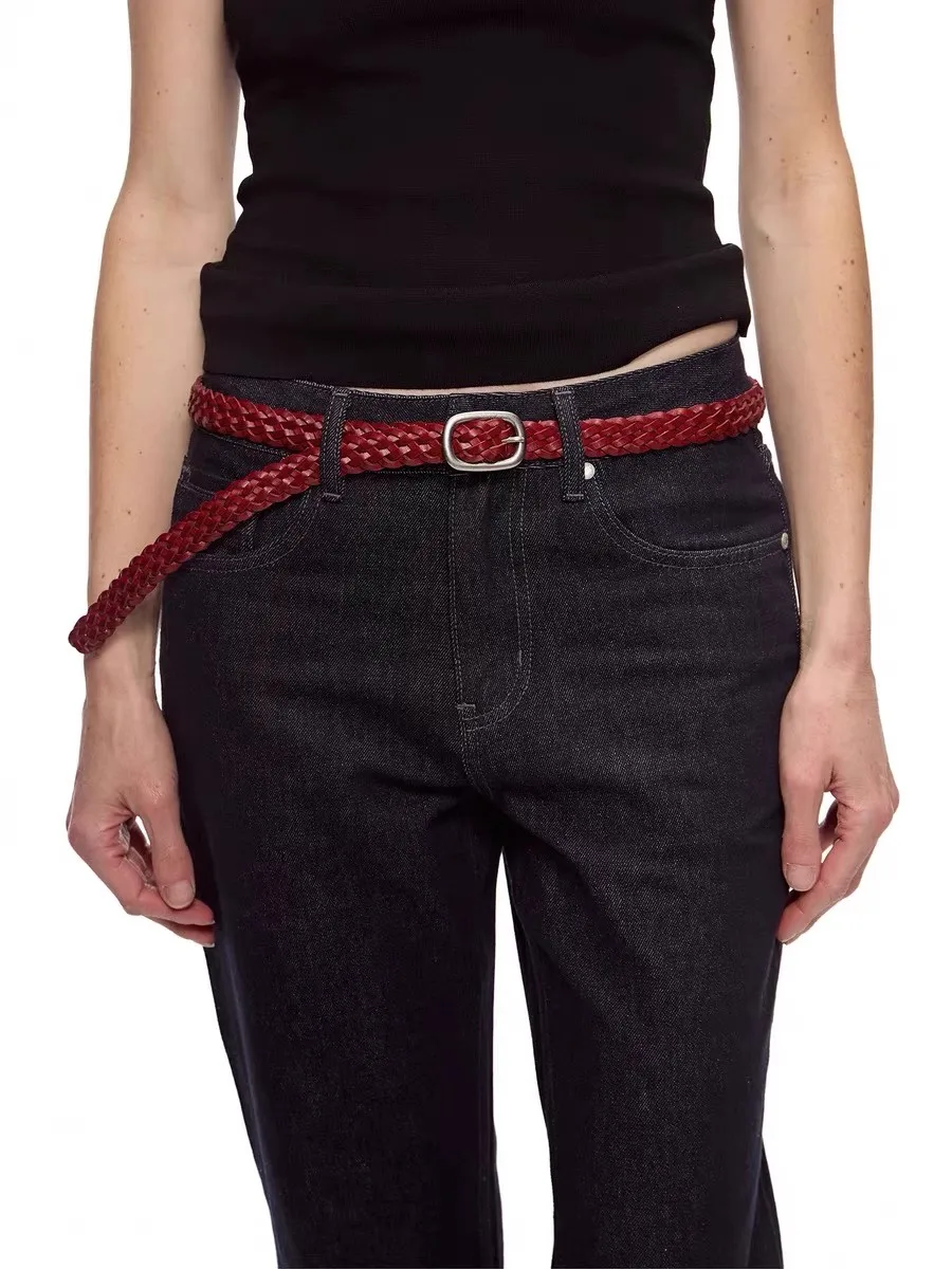 ผู้หญิงวินเทจหนังวัวแท้ Handmade ถักรัดตัวหญิง Cummerbund Coat เข็มขัดชุด Decration สีแดงเข็มขัดบาง J1527