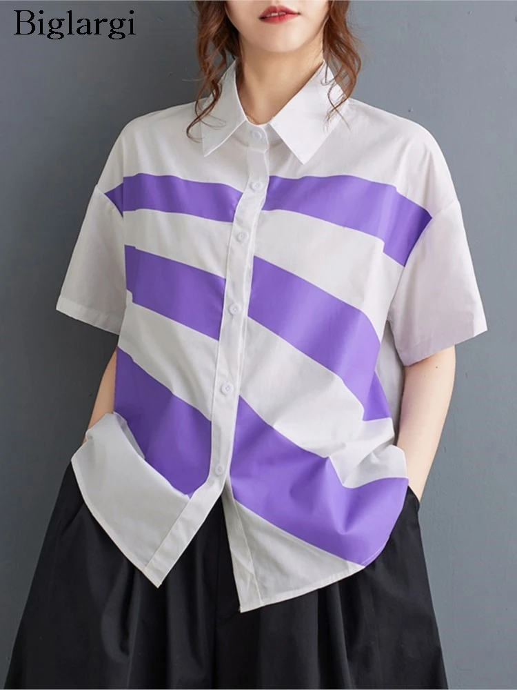 

Женская летняя блузка оверсайз с полосатым принтом, свободная, в стиле пэчворк, повседневная, с коротким рукавом