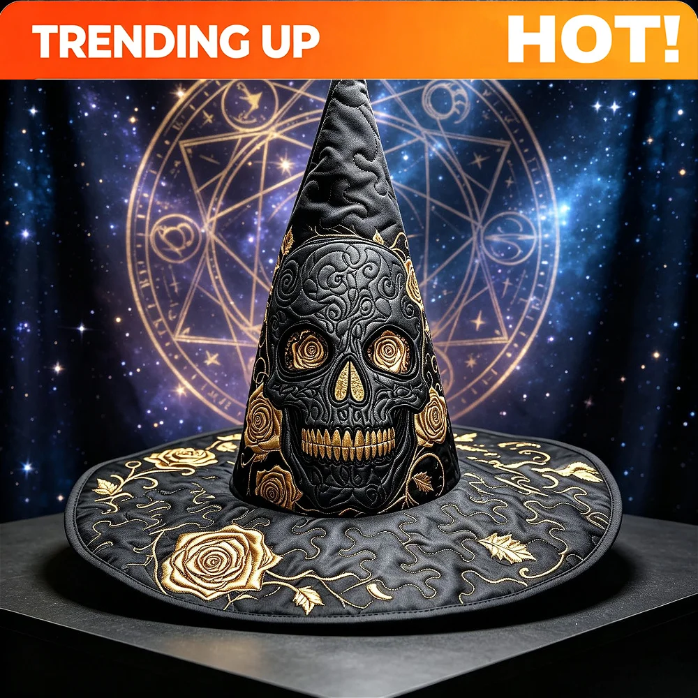 Customization Dark Printed Quilted Witch Hat For Halloween, Wide Brim Pointed Wizard Hat Unisex, Cosplay Headwear