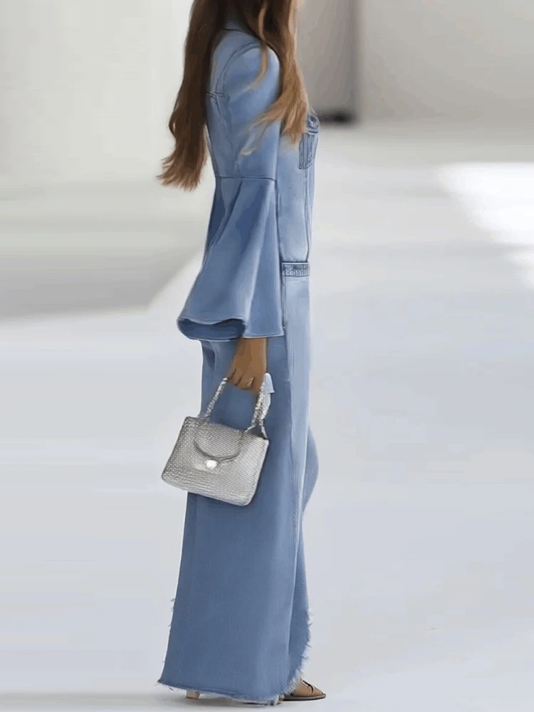 2025 Loose Solid Color Denim Style Jumpsuits Women Single-Breasted Casual Autumn Winter Flare Sleeve Turn-Down Collar Playsuits