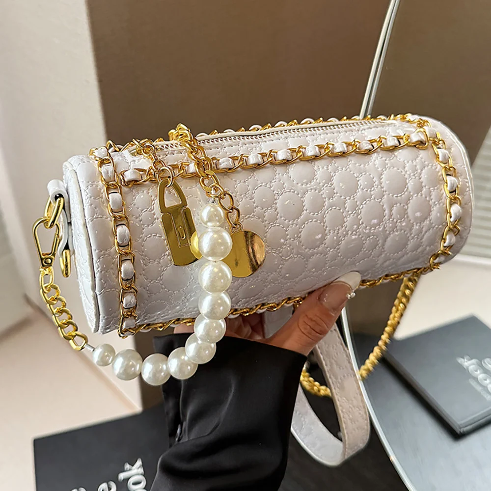 

Trendy Barrel-shaped Crossbody Bags Women Simple Solid Color Beading Chains Single Shoulder Bag 2025 New Pillow Messenger Bag