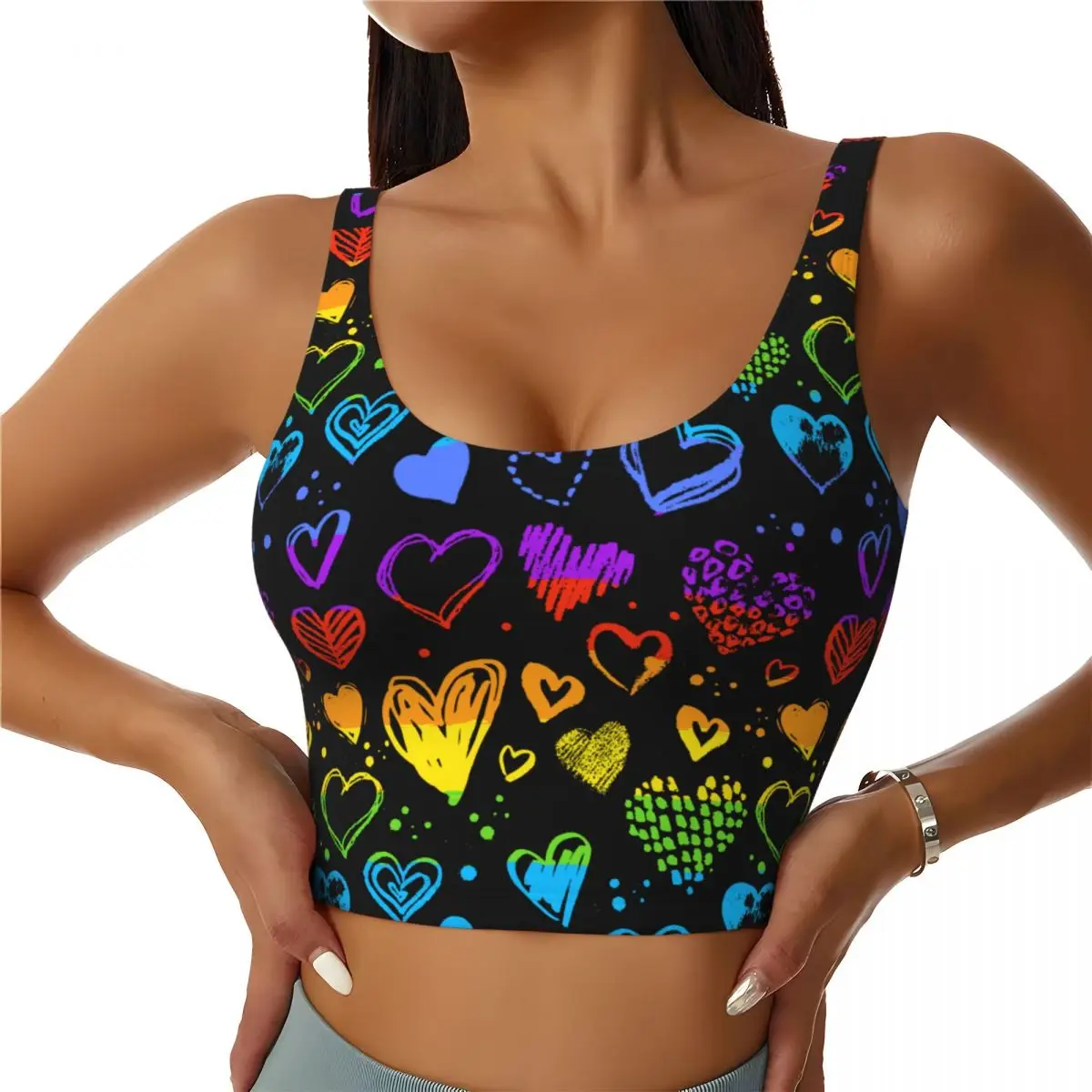 LGBT Rainbow Hearts Sports Crop Tank Tops for Women Cropped Workout Tops U Back Running Yoga Tanks Gym Soft Touch