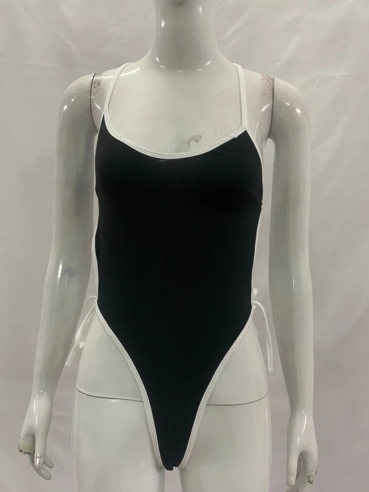 

Vintage Black White Binding Strap Bodysuit Women With Backless Tie Design For Summer Casual Wear