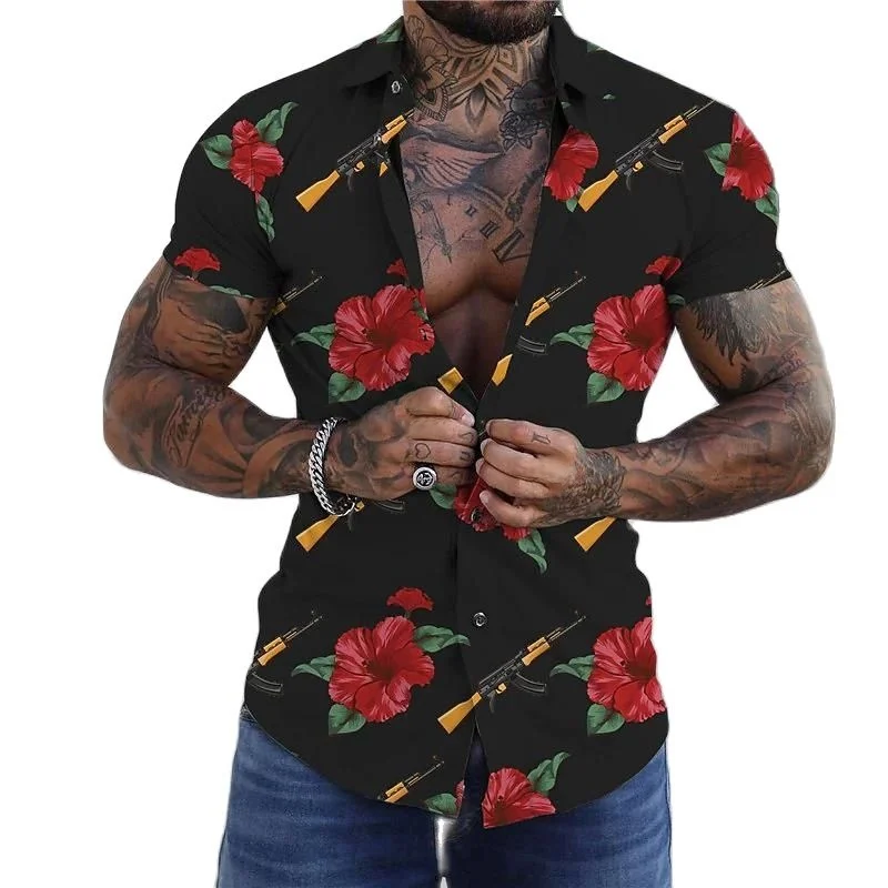 

Casual Loose ort Sve irt 3D Printed Design Thin Fabric Wide Collar Youth Faion Spring Summer Wear for Young Men