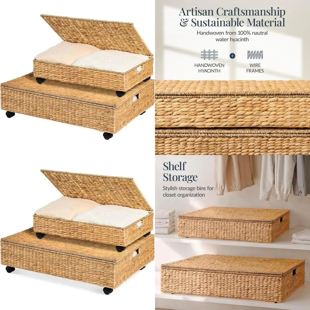 

Large 2-Piece Handwoven Water Hyacinth Storage Containers with Lid, Wheels, and Handles for Closet and Shoe Organization - Natur