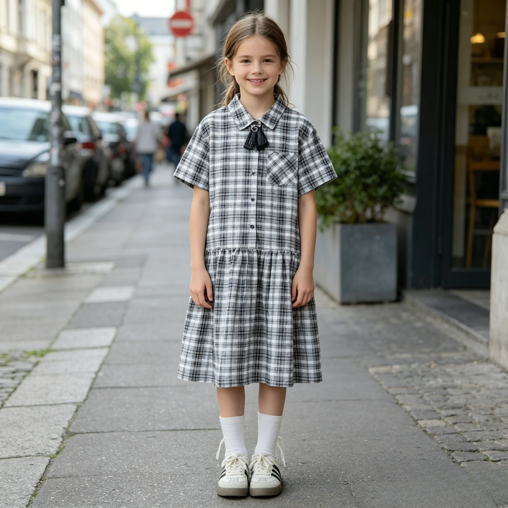 Girls British Style Plaid Shirt Dress Short Sleeve Casual School Uniform Style A-Line Dress Comfortable Daily Outfits for Kids