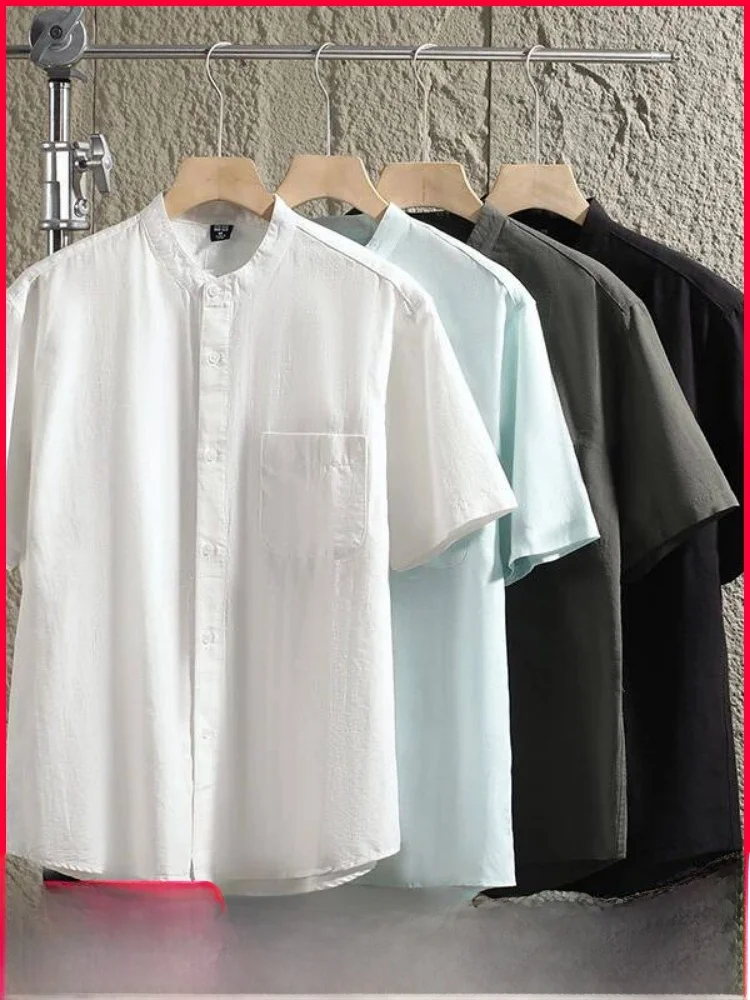 

Comfortable Breathable Men's Summer Casual Loose Fit Stand Collar Short Sleeve Shirt Fashionable Urban Style Polyester Cotton...