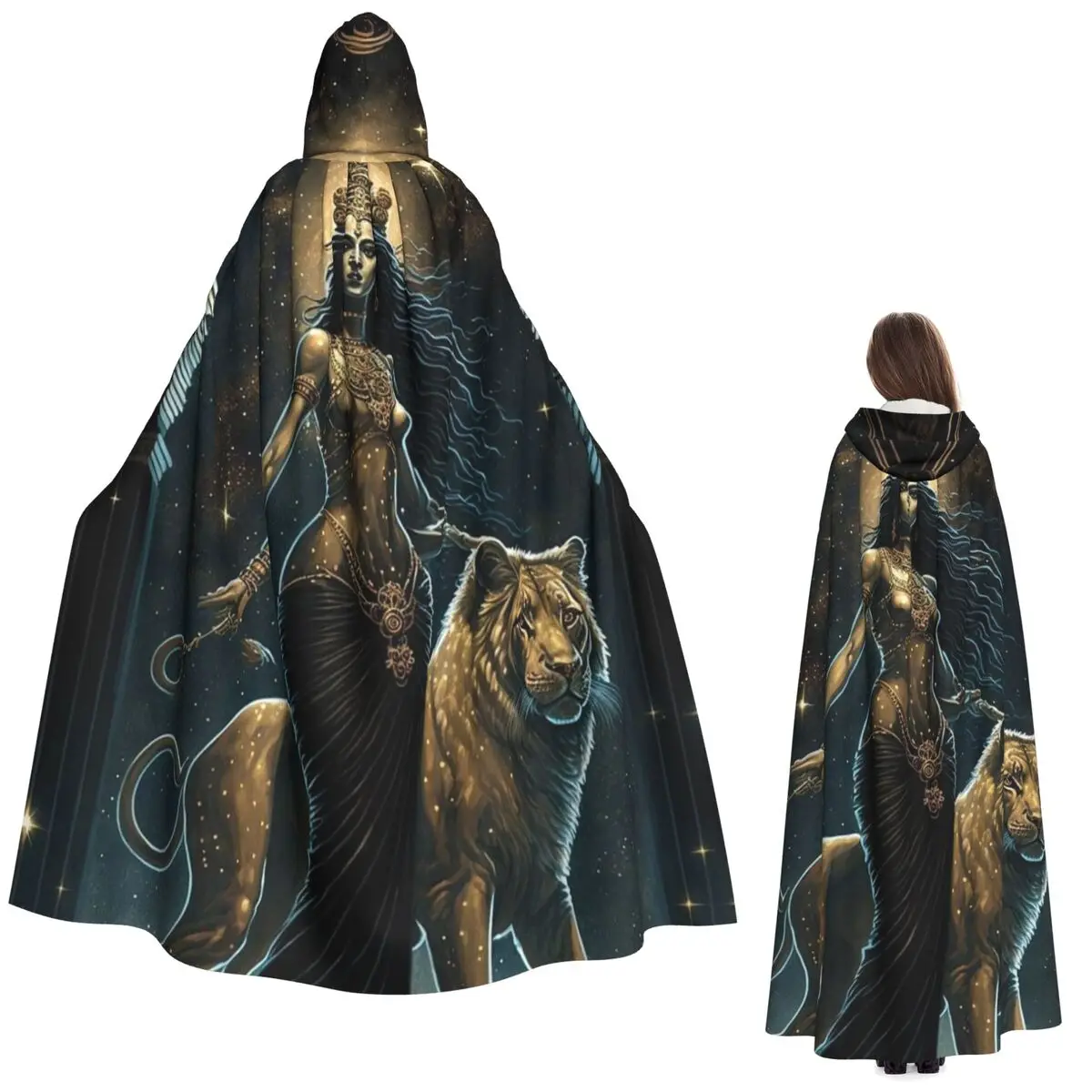 

Egyptian Pharaoh Tutankhamun Attire Lioness And Anubis Long Hooded Cloak Witch Medieval Costume Cosplay Cape HalloweenCoat