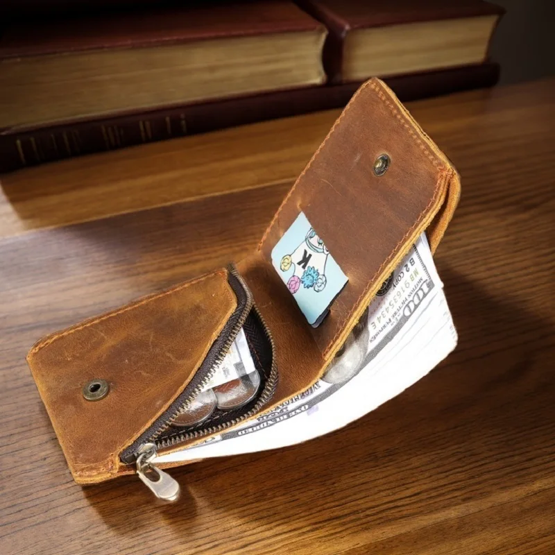 

Mens Rfid Crazy Horse Leather Wallet for Men with Zipper Coin Pocket Slim Bifold Man Vintage Genuine Leather Card Holder Purse