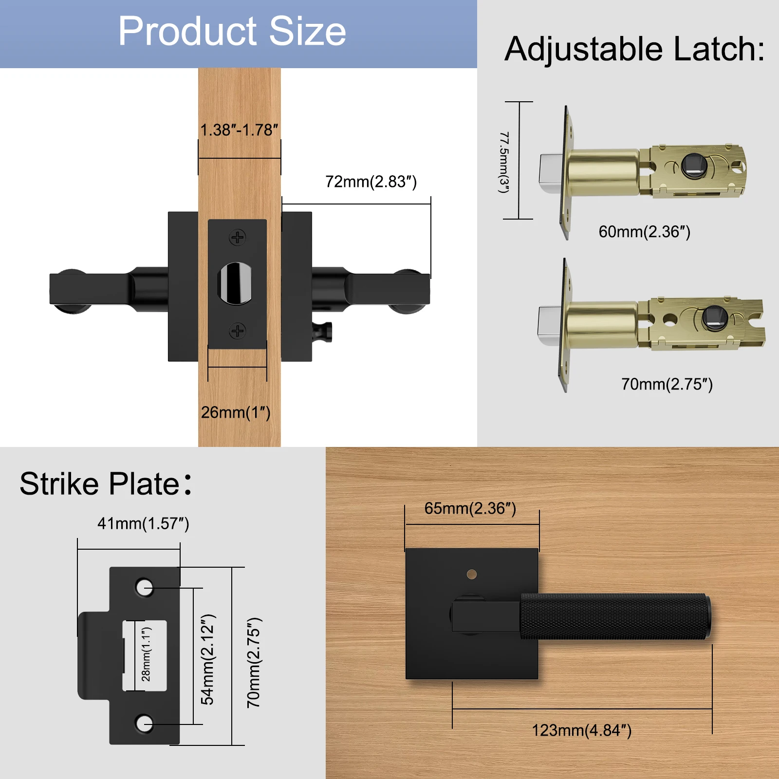 Viladepot 2PCS Privacy Door Handle Rear Knurled Handle Lever Square Base Bedroom Bathroom Door Lock Reversible