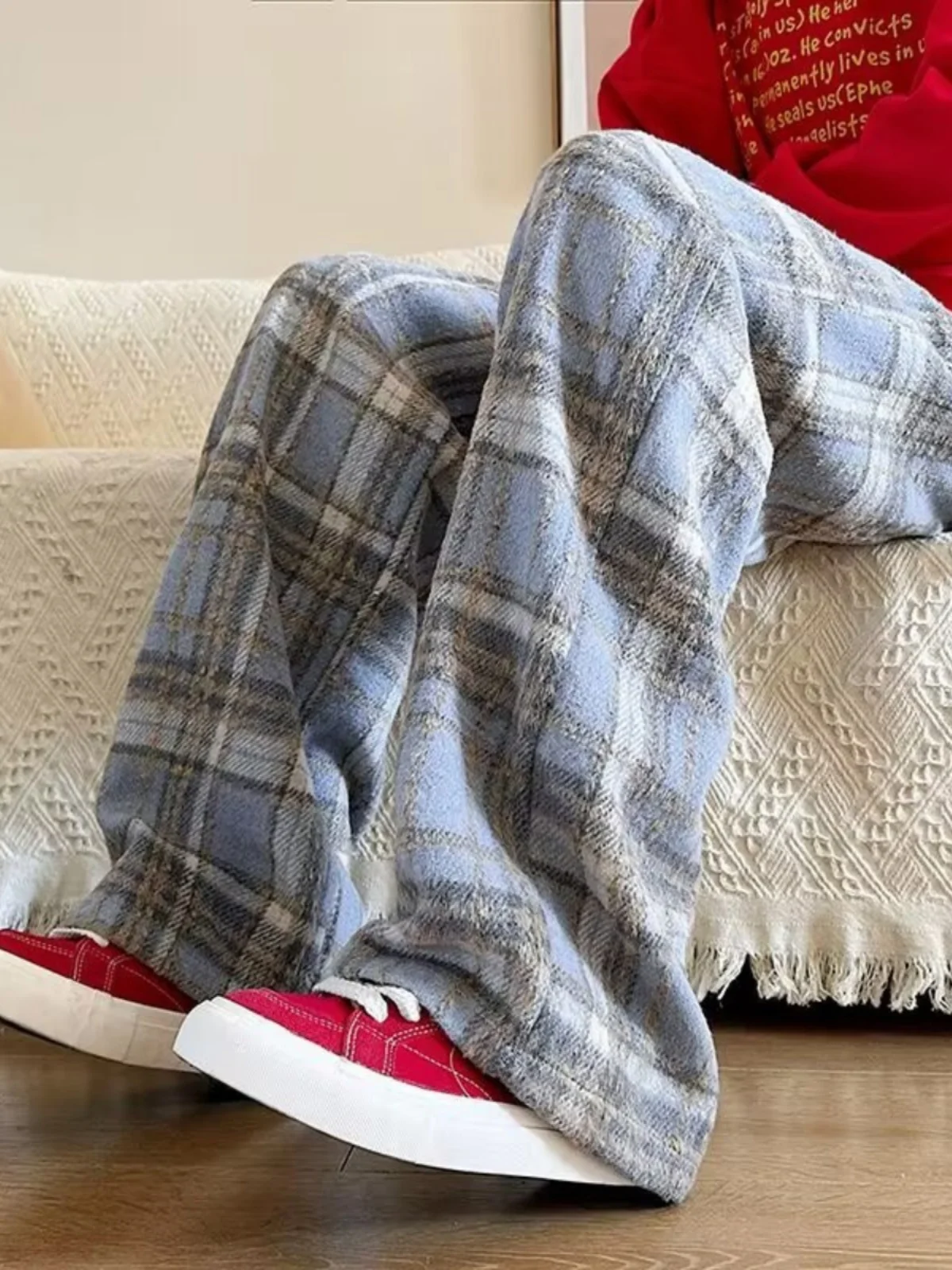 

Blue Woolen Plaid Pants Men's Straight Leg Casual Trousers American Retro Cleanfit Wide Leg Pants Autumn Winter Youth Faion