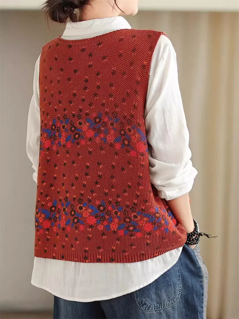 Ethnic Style V-Neck Knitted Sleeveless Vest Loose Short Jacket For Women 2024 Spring Summer Printed Sweater Waistcoat Tops K504