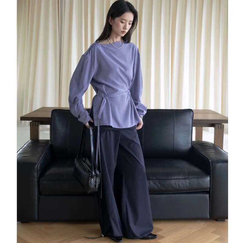Johnature Summer New Korean-style Design Asymmetrical Slant Button Placket Tie Lightweight Simple Fashionable Women Tops
