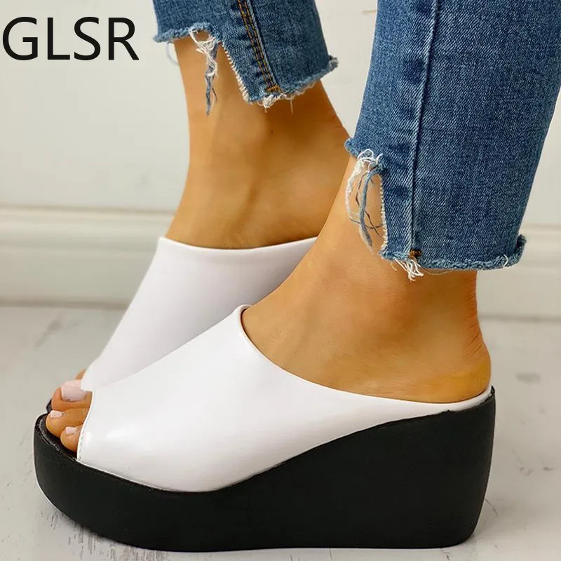 Summer Women Slipper Wedges Leather Slip on Casual Beach Slides Platform Ladies Shoes Height Increasing Chunky Zapatos De Mujer