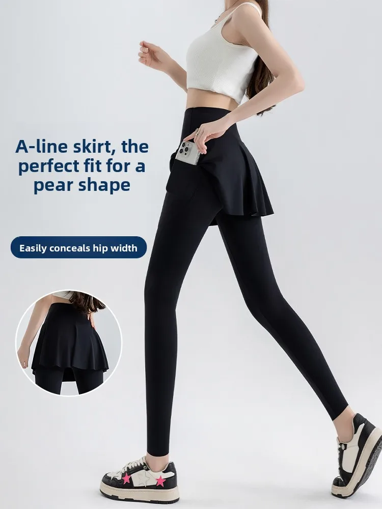 ارتفاع الخصر لي التستر اليوغا السراويل النسائية الربيع الصيف تابوت الجلد الرياضة تنورة السراويل كيتس وهمية قطعتين حجم كبير