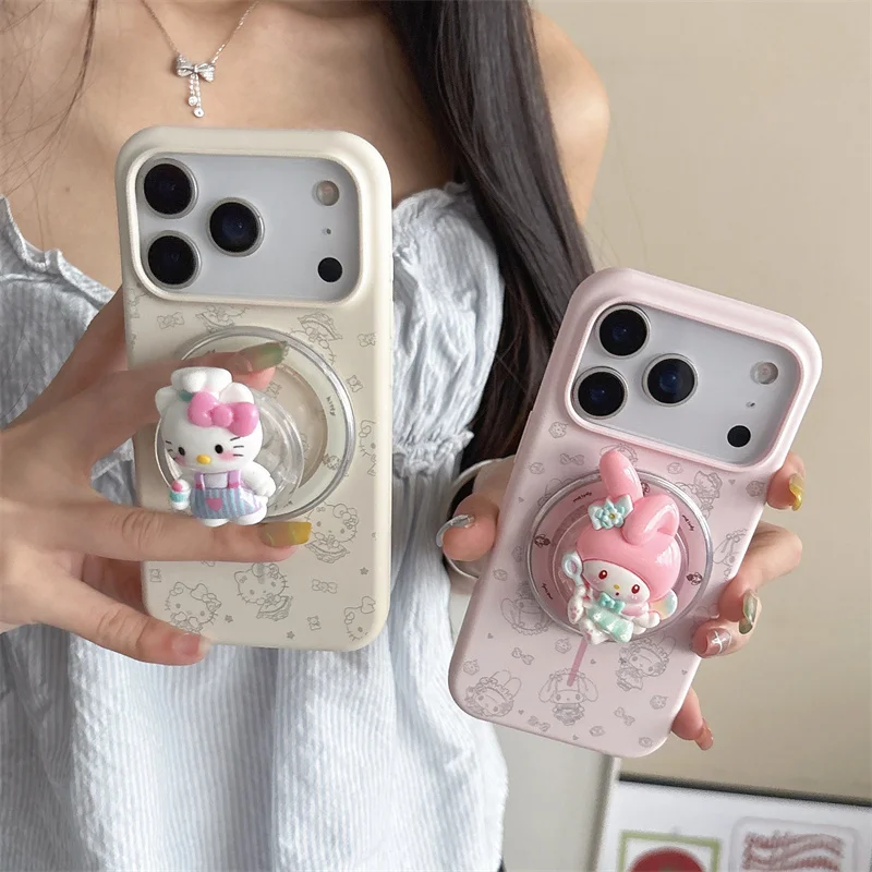 

Fashion Line Hellokitty Magnetic Phone Case For iPhone 17 Pro 14 15 16 Pro Max Cover with Stand Silicone Shockproof Cases Capa