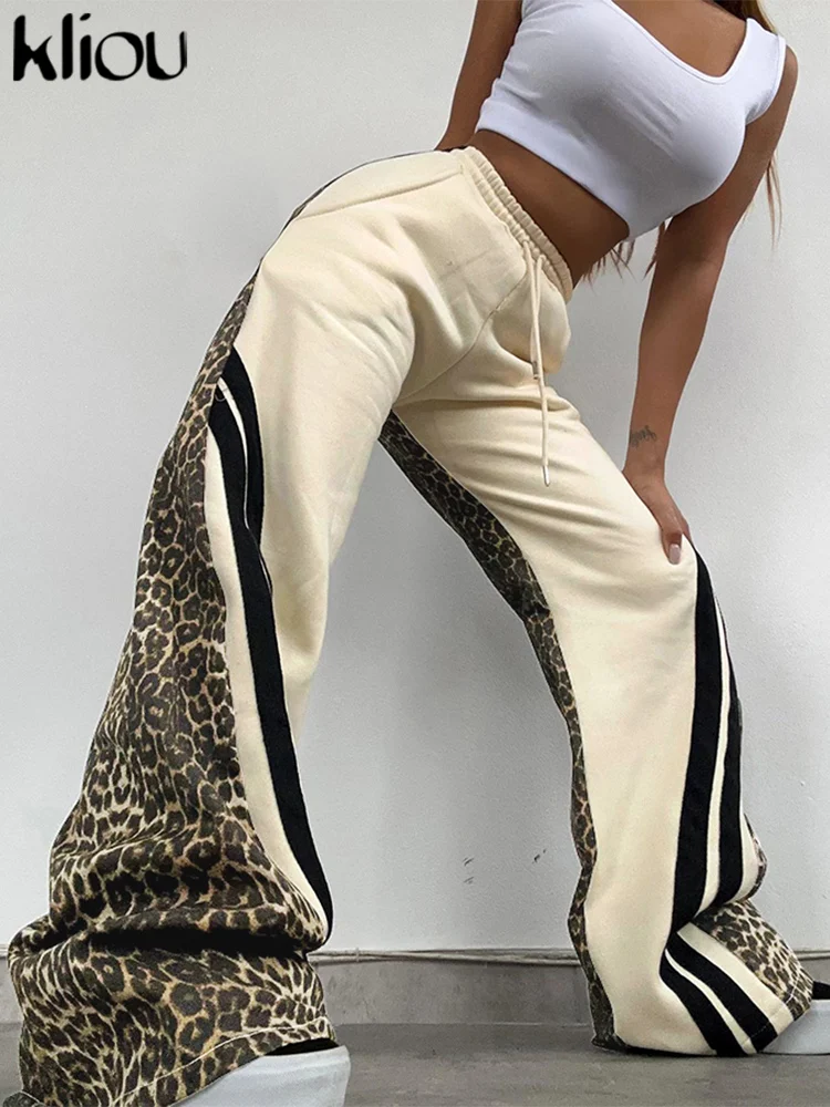 kliou Patchwork Print Women Pants Casual Panelled Stripe Leopard Fashion Elastic Waist Oversized Bottoms Female Basic Streetwear