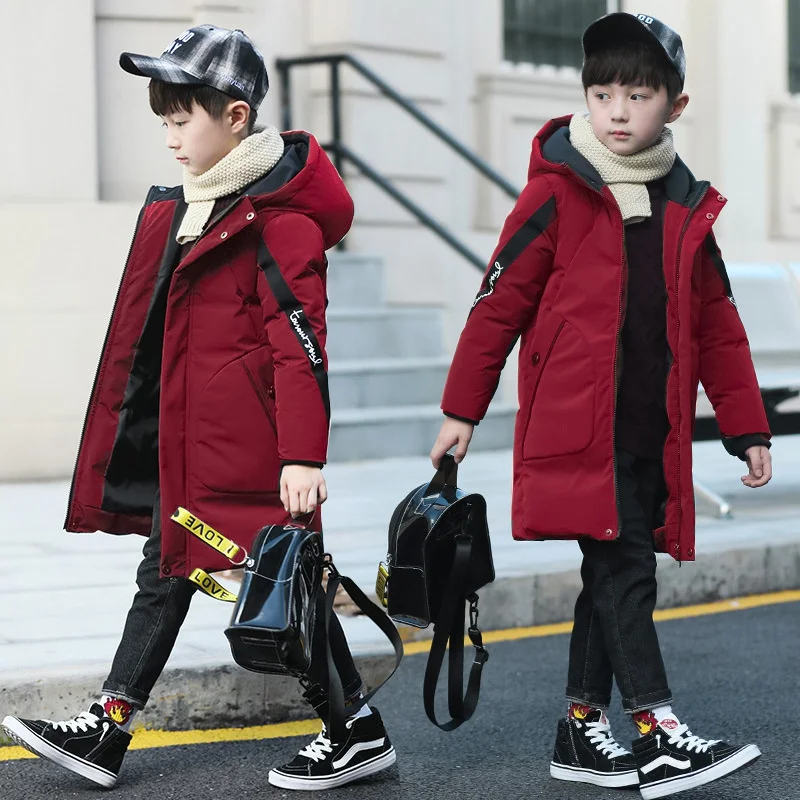 Boys Thickened Long Jackets Children Winter Warm Cotton Coats New Kids Fashion Hooded Outerwear Teenager Casual Clothing 5-14Y