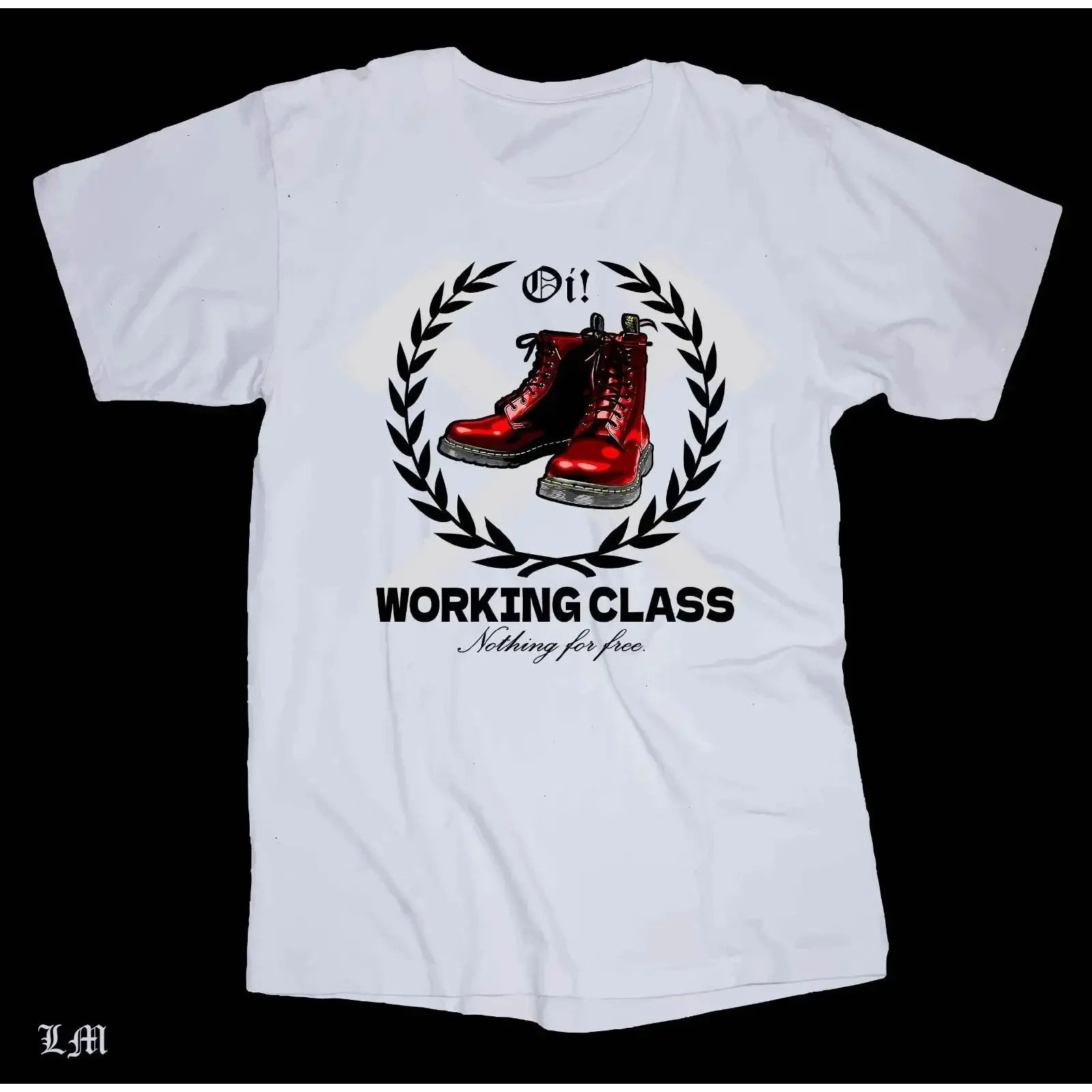 T-shirt blanc Oi Working Class, style Punks and Skins, avec bottes et bretelles, thème Unity, vintage, délavé, polyvalent, décontracté, extensible, élégant