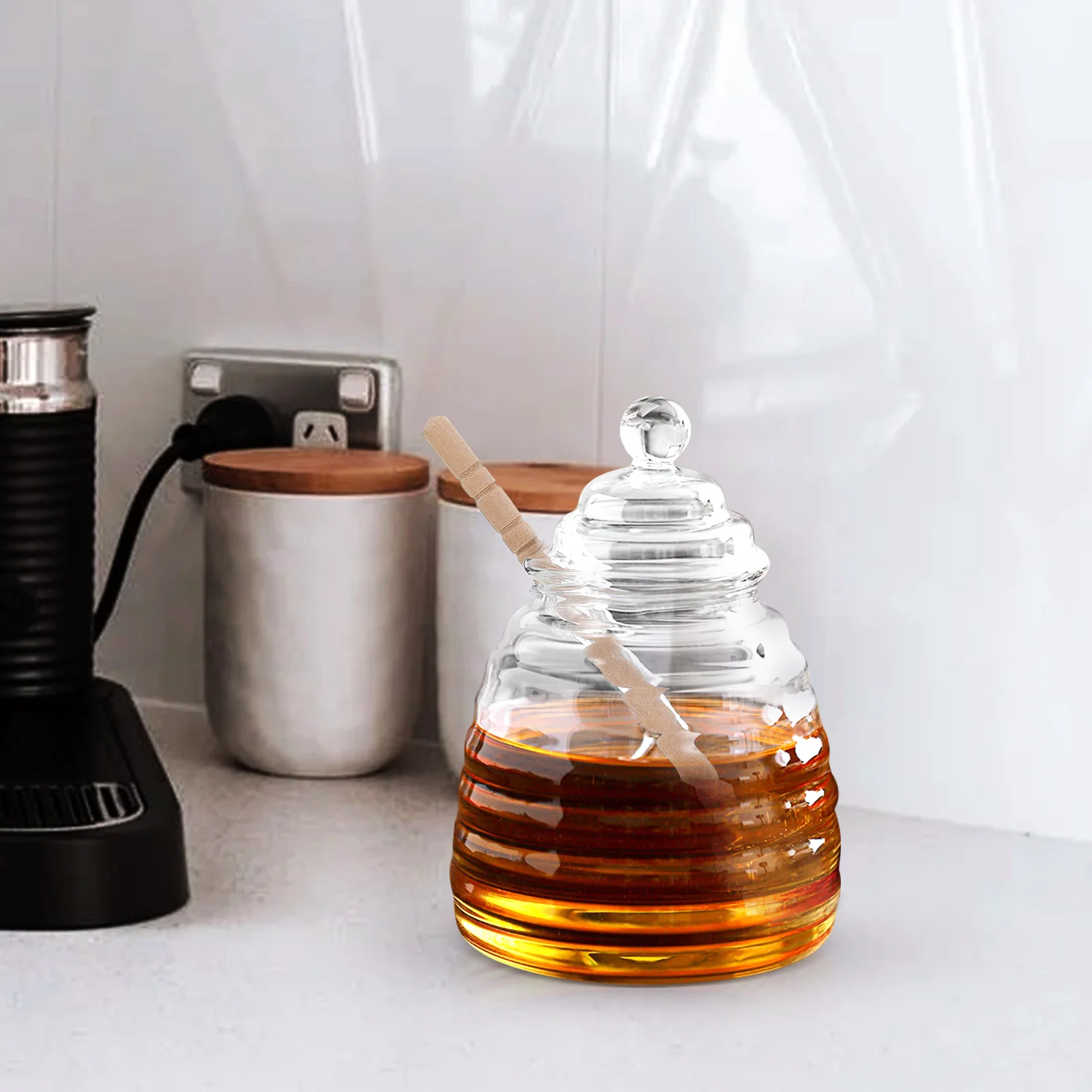 Glass Honey Jar Syrup Bee Keeping Equipment Pot with Dipper Lids Honeypot Transparent Dispenser Storage Stirrer